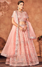 Stunning Peach Color Organza Fabric Party Wear Lehenga