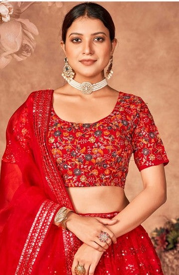 Stunning Red Color Organza Fabric Party Wear Lehenga