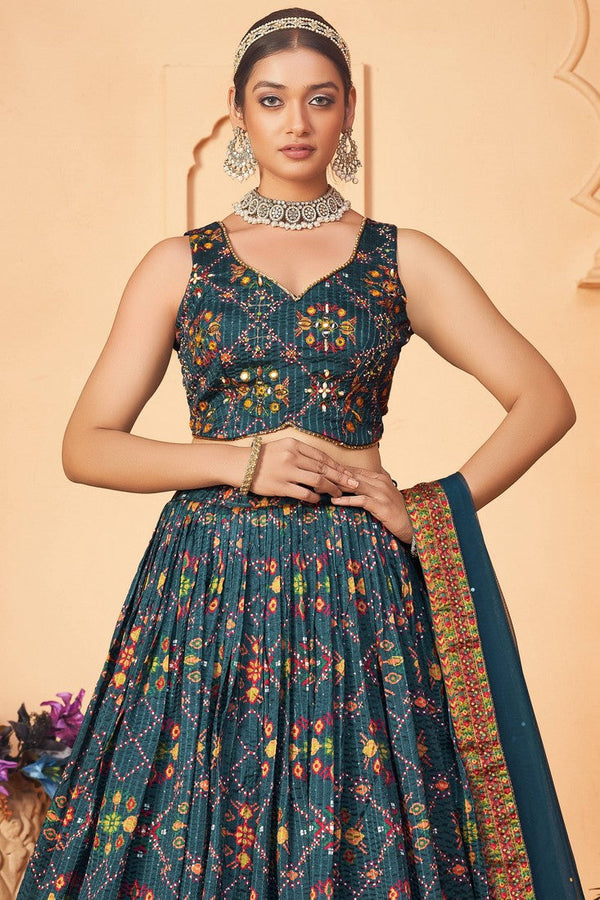 Splendid Teal Color Chinon Fabric Party Wear Lehenga