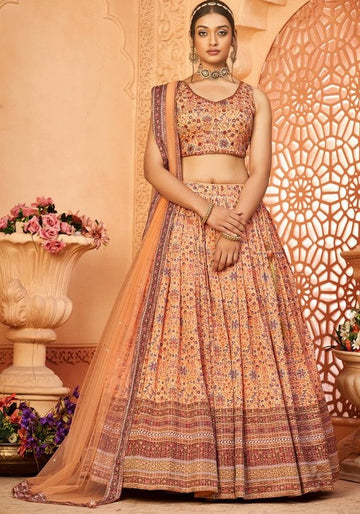 Splendid Beige Color Chinon Fabric Party Wear Lehenga