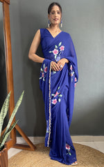 Pretty Blue Color Georgette Fabric Readymade Saree