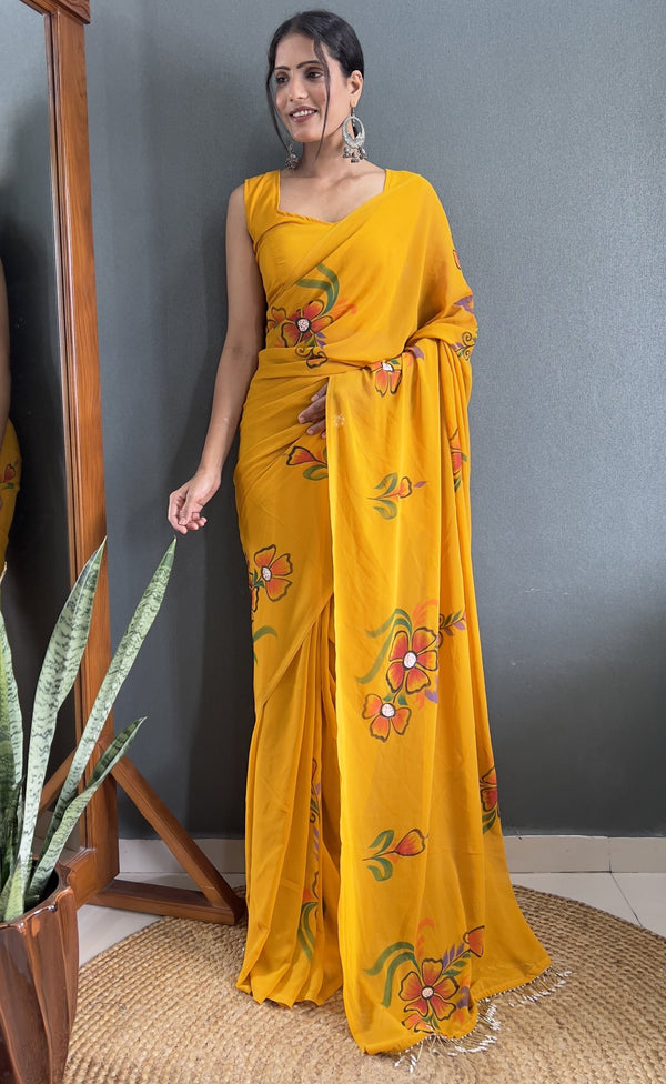 Pretty Mustard Color Georgette Fabric Readymade Saree