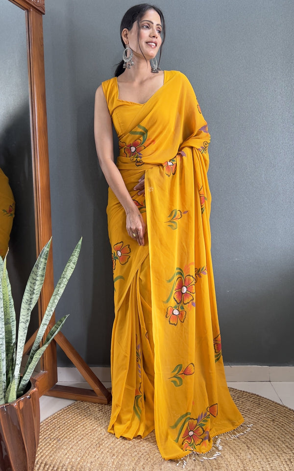 Pretty Mustard Color Georgette Fabric Readymade Saree