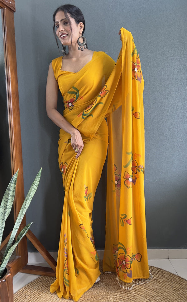 Pretty Mustard Color Georgette Fabric Readymade Saree