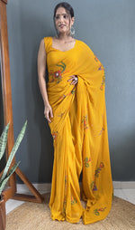 Pretty Mustard Color Georgette Fabric Readymade Saree