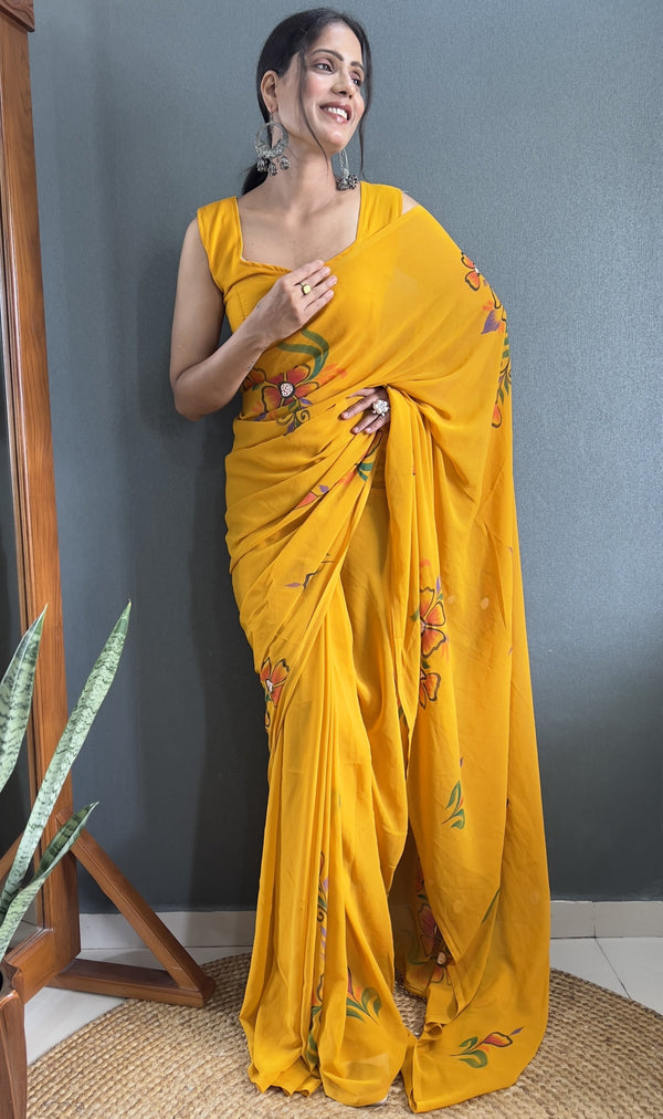 Pretty Mustard Color Georgette Fabric Readymade Saree