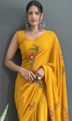 Pretty Mustard Color Georgette Fabric Readymade Saree