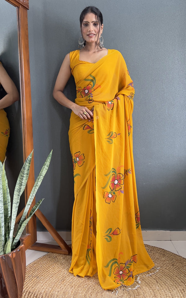 Pretty Mustard Color Georgette Fabric Readymade Saree