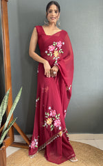 Pretty Maroon Color Georgette Fabric Readymade Saree