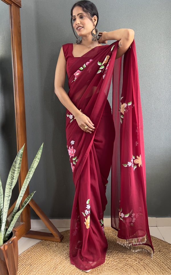 Pretty Maroon Color Georgette Fabric Readymade Saree