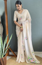 Pretty Cream Color Georgette Fabric Readymade Saree