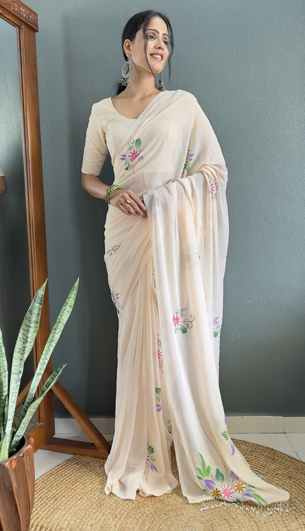 Pretty Cream Color Georgette Fabric Readymade Saree