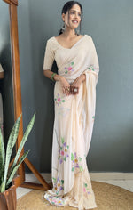 Pretty Cream Color Georgette Fabric Readymade Saree