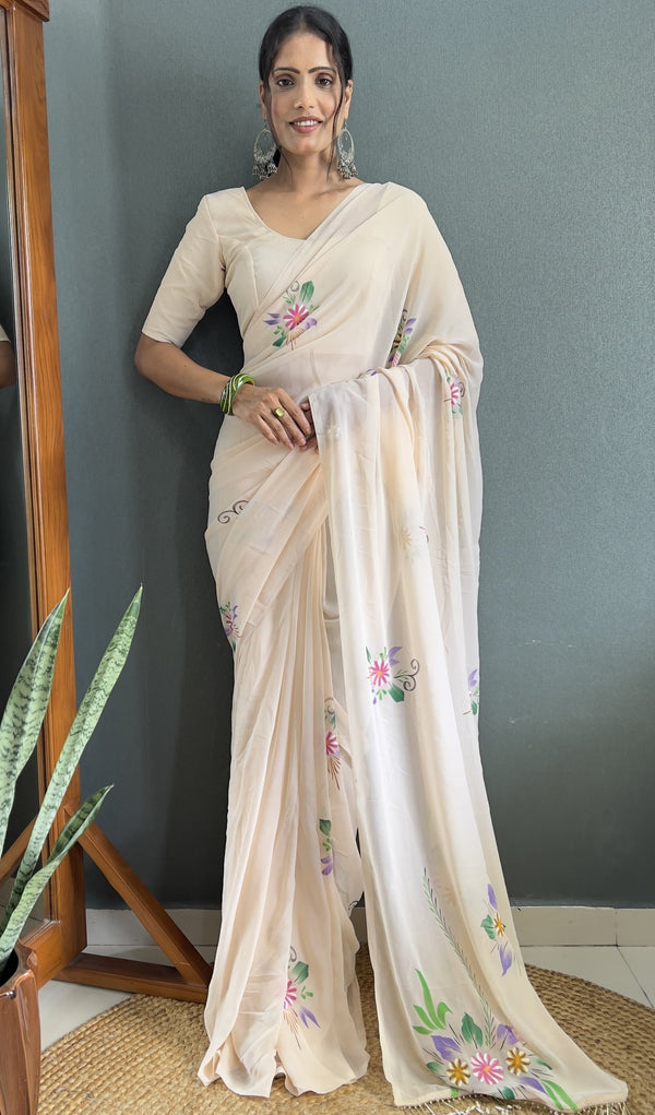 Pretty Cream Color Georgette Fabric Readymade Saree