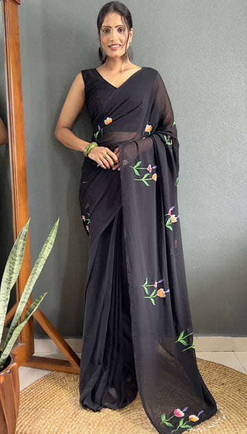 Pretty Black Color Georgette Fabric Readymade Saree