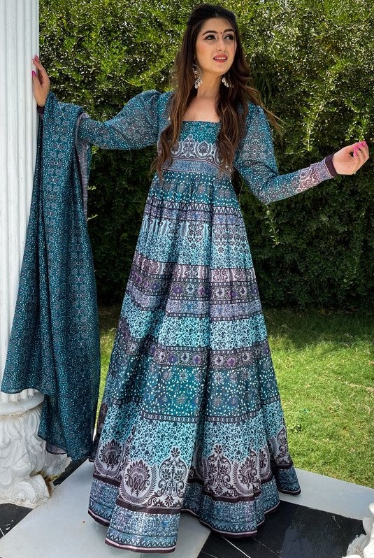 Stunning Turquoise Color Chanderi Fabric Designer Suit