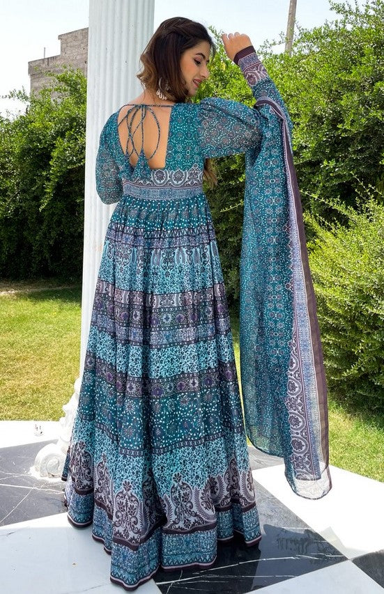 Stunning Turquoise Color Chanderi Fabric Designer Suit