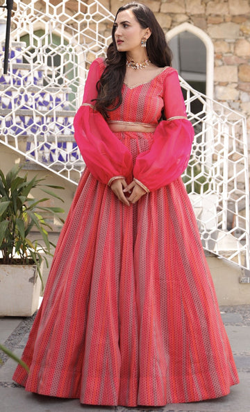 Splendid Pink Color Chanderi Fabric Party Wear Lehenga