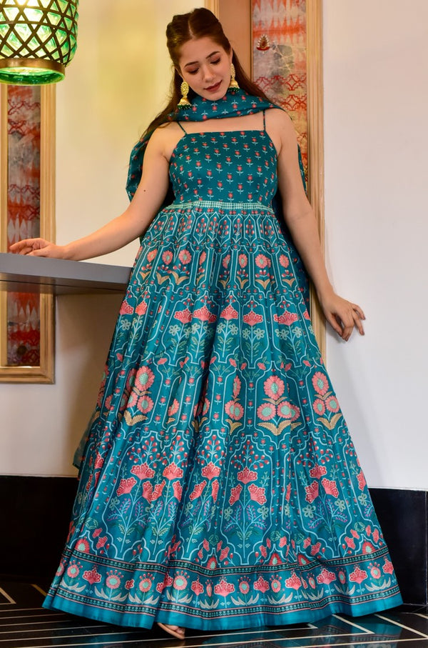 Stunning Turquoise Color Silk Fabric Gown