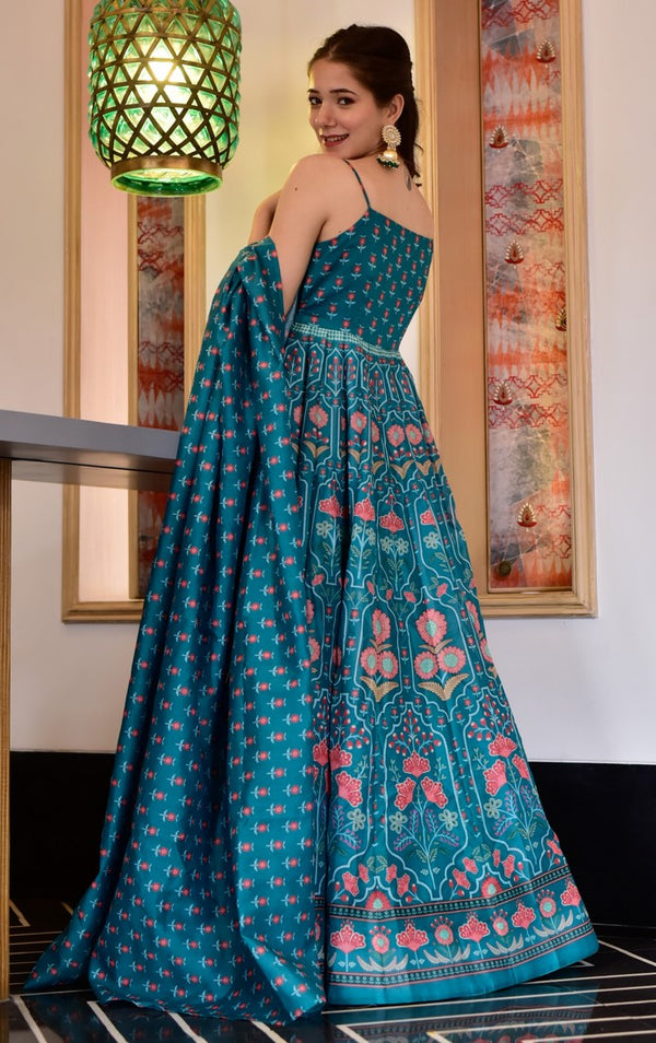 Stunning Turquoise Color Silk Fabric Gown