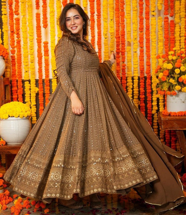 Adorable Brown Color Georgette Fabric Gown