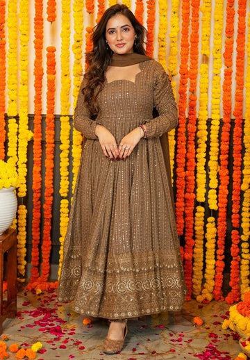 Adorable Brown Color Georgette Fabric Gown