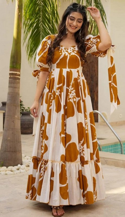 Striking Brown Color Cotton Fabric Gown
