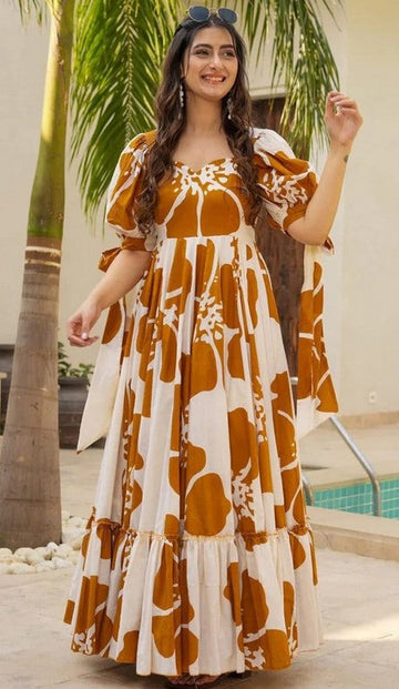 Striking Brown Color Cotton Fabric Gown