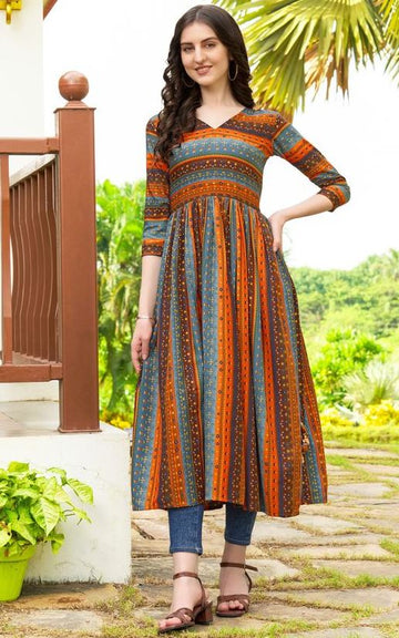 Amazing Mustard Color Rayon Fabric Designer Kurti