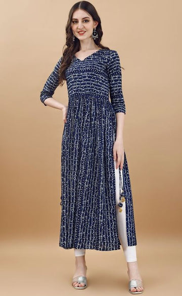 Amazing Navy Blue Color Rayon Fabric Designer Kurti