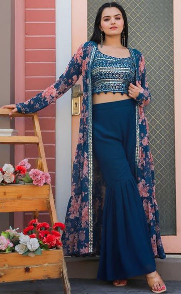 Amazing Teal Color Georgette Fabric Sharara Suit