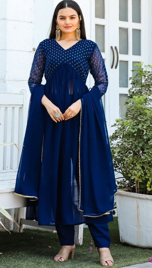 Amazing Blue Color Georgette Fabric Designer Kurti With Bottom