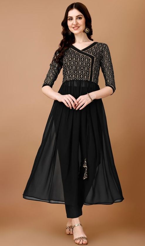 Amazing Black Color Georgette Fabric Designer Kurti With Bottom