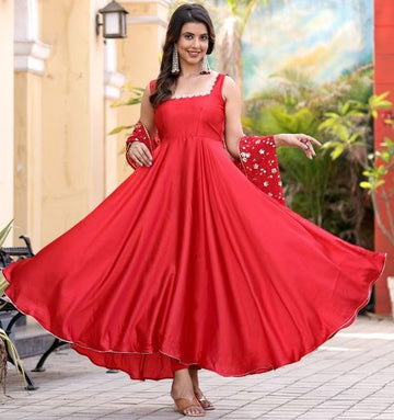 Amazing Red Color Satin Fabric Designer Gown With Dupatta