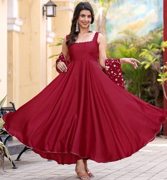 Amazing Maroon Color Satin Fabric Designer Gown With Dupatta