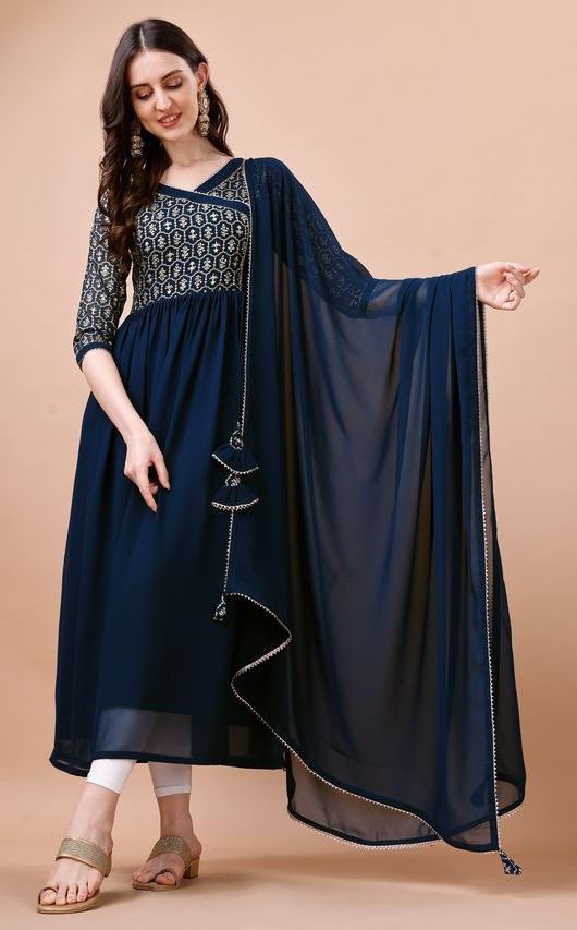 Amazing Navy Blue Color Georgette Fabric Designer Gown With Dupatta