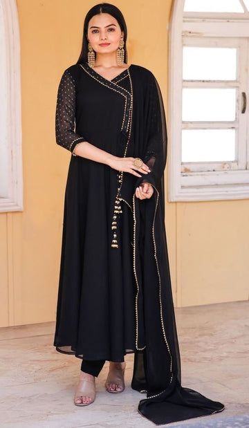 Amazing Black Color Georgette Fabric Designer Gown With Dupatta