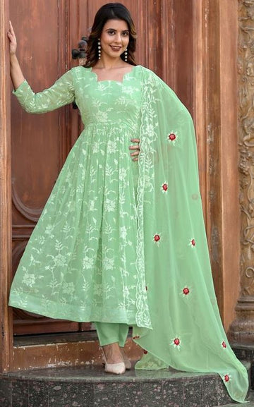 Amazing Green Color Georgette Fabric Designer Kurti With Bottom