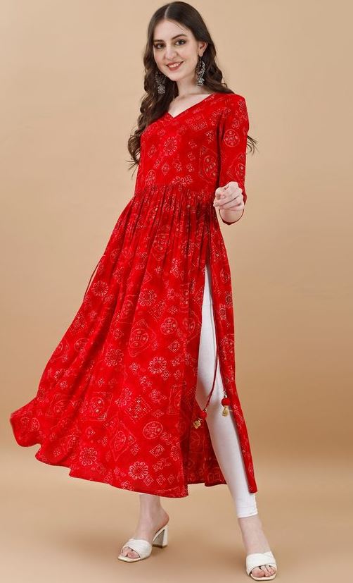 Amazing Red Color Rayon Fabric Designer Kurti