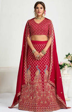 Charming Red Color Vichitra Fabric Couple Matching Ethnic Designer Lehenga and Mens Kurta