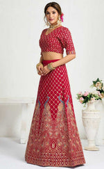 Charming Red Color Vichitra Fabric Couple Matching Ethnic Designer Lehenga and Mens Kurta