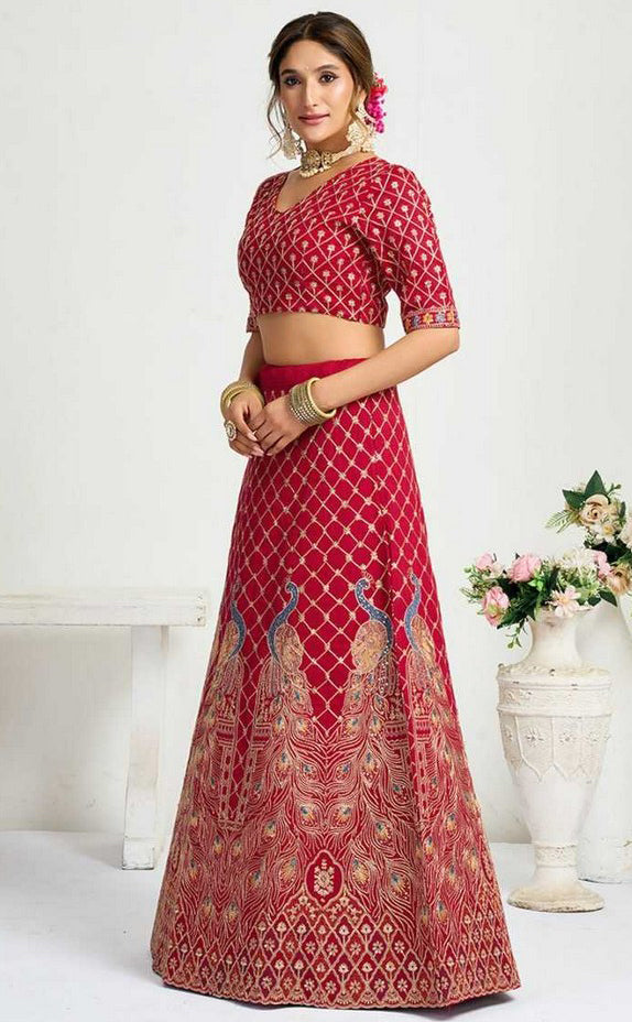 Charming Red Color Vichitra Fabric Couple Matching Ethnic Designer Lehenga and Mens Kurta