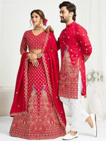Charming Red Color Vichitra Fabric Couple Matching Ethnic Designer Lehenga and Mens Kurta