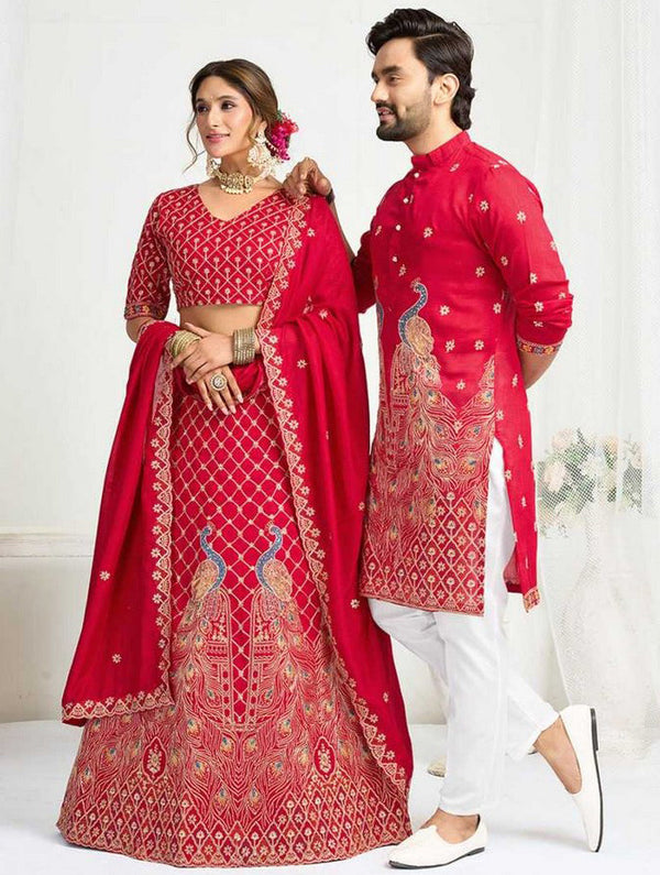 Charming Red Color Vichitra Fabric Couple Matching Ethnic Designer Lehenga and Mens Kurta
