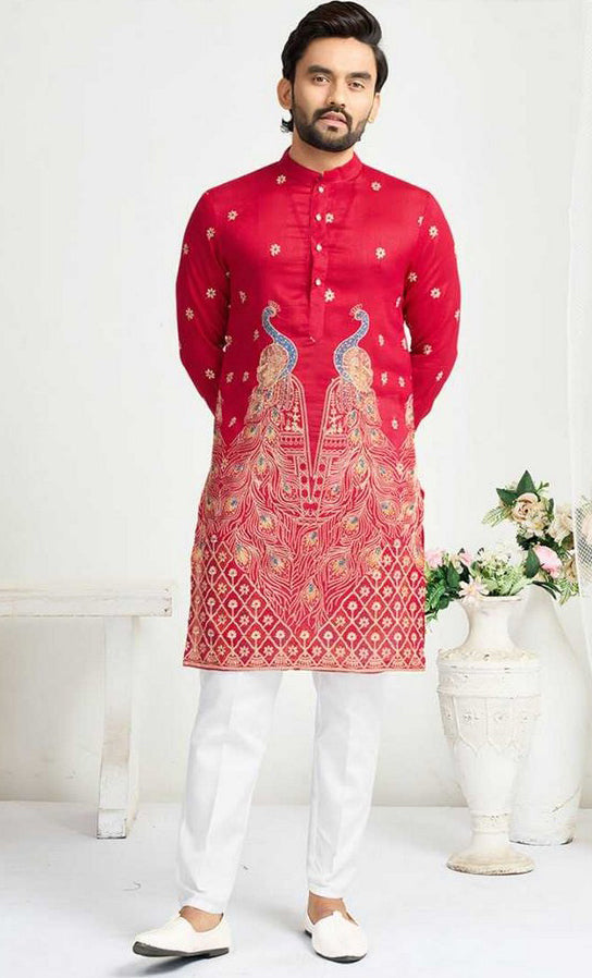 Charming Red Color Vichitra Fabric Couple Matching Ethnic Designer Lehenga and Mens Kurta