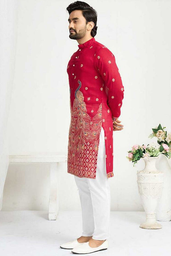 Charming Red Color Vichitra Fabric Couple Matching Ethnic Designer Lehenga and Mens Kurta