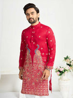 Charming Red Color Vichitra Fabric Couple Matching Ethnic Designer Lehenga and Mens Kurta
