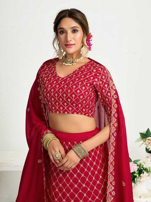 Charming Red Color Vichitra Fabric Couple Matching Ethnic Designer Lehenga and Mens Kurta