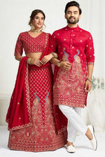 Charming Red Color Vichitra Fabric Couple Matching Ethnic Designer Lehenga and Mens Kurta