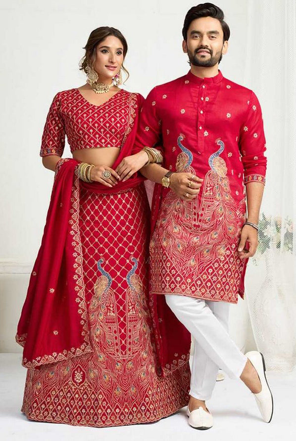 Charming Red Color Vichitra Fabric Couple Matching Ethnic Designer Lehenga and Mens Kurta